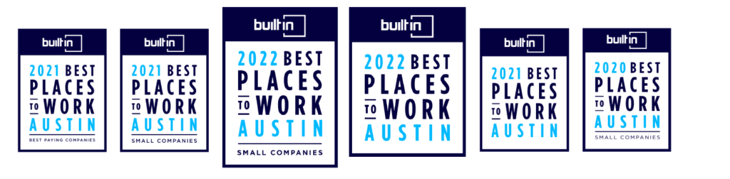 2020, 2021, 2022 badges for Best Places to Work Austin