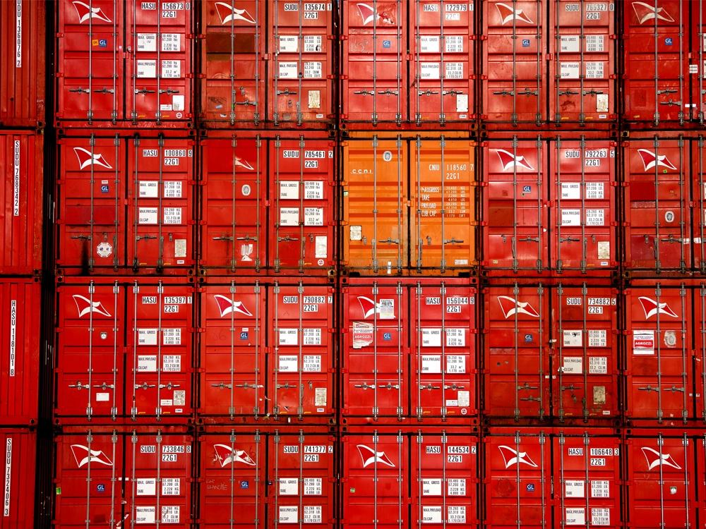 A collection of red shipping containers clustered in a shipping terminal, highlighting their size and industrial setting.