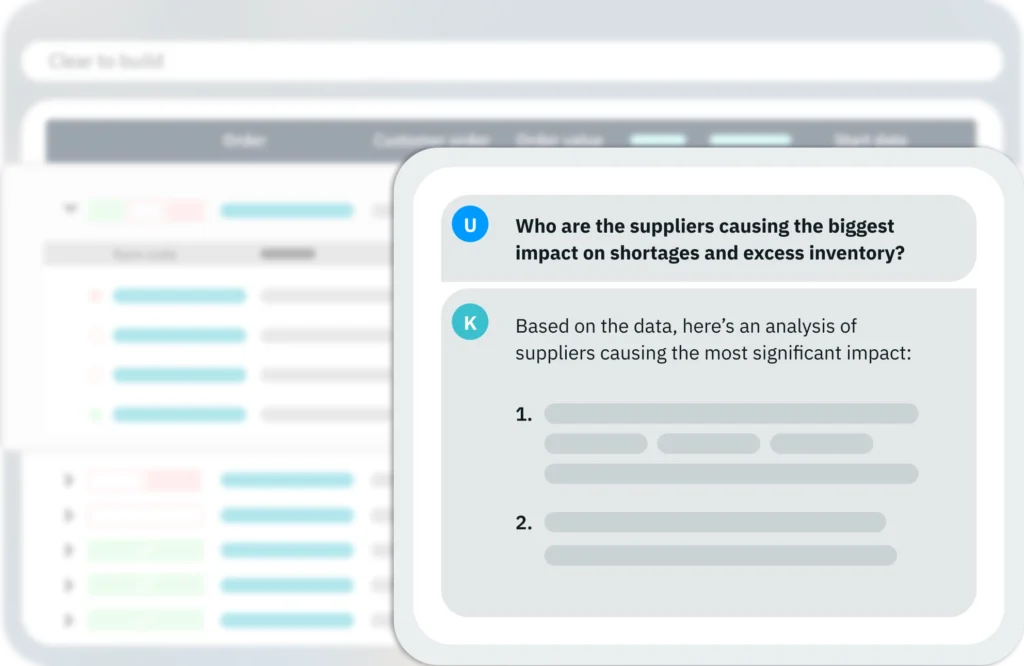 Illustration of a chat between a user and Kei, the AI assistant, showing a user asking which suppliers cause the biggest impact on shortages and excess inventory, with Kei responding with an analysis list.