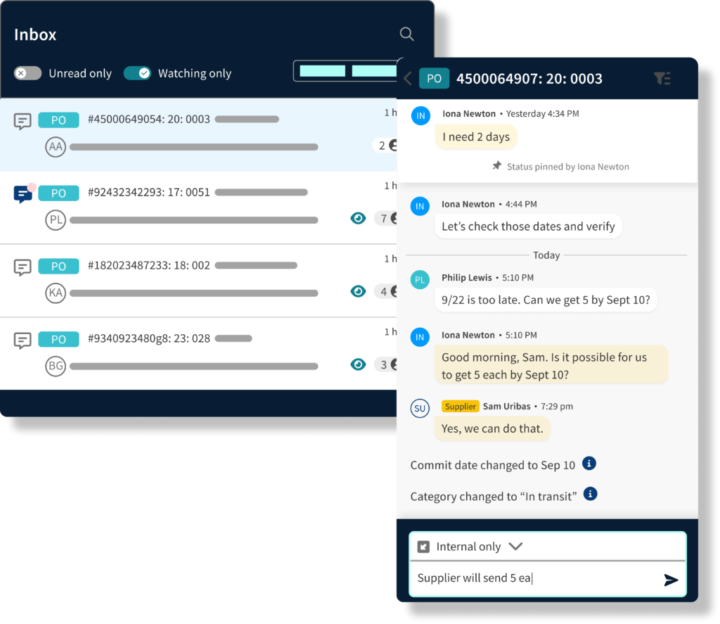 APEX inbox and chat interface showing a purchase order conversation between a buyer and supplier confirming delivery dates and updating the commit date.