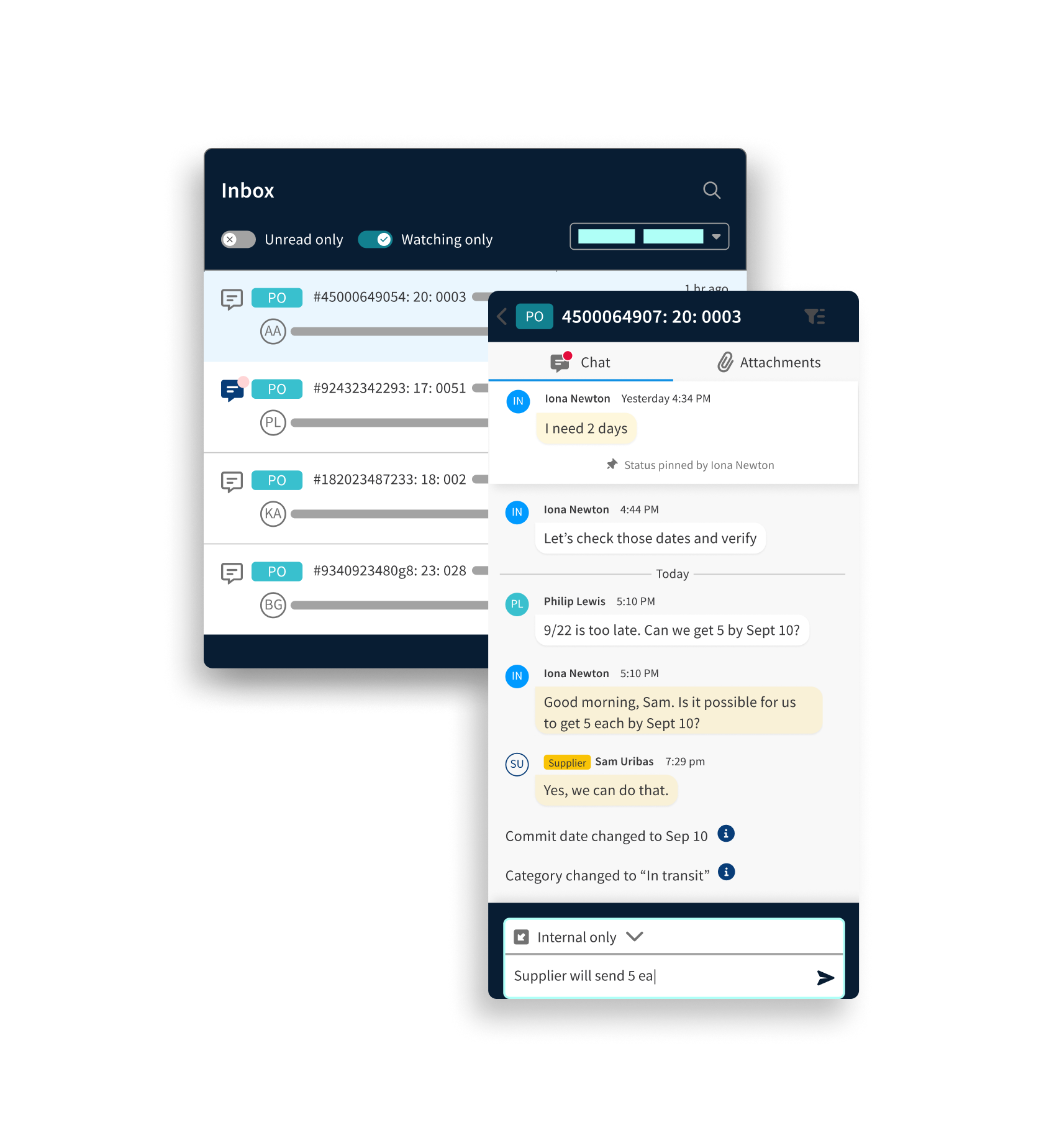 Business messaging software interface displaying tasks and attachments