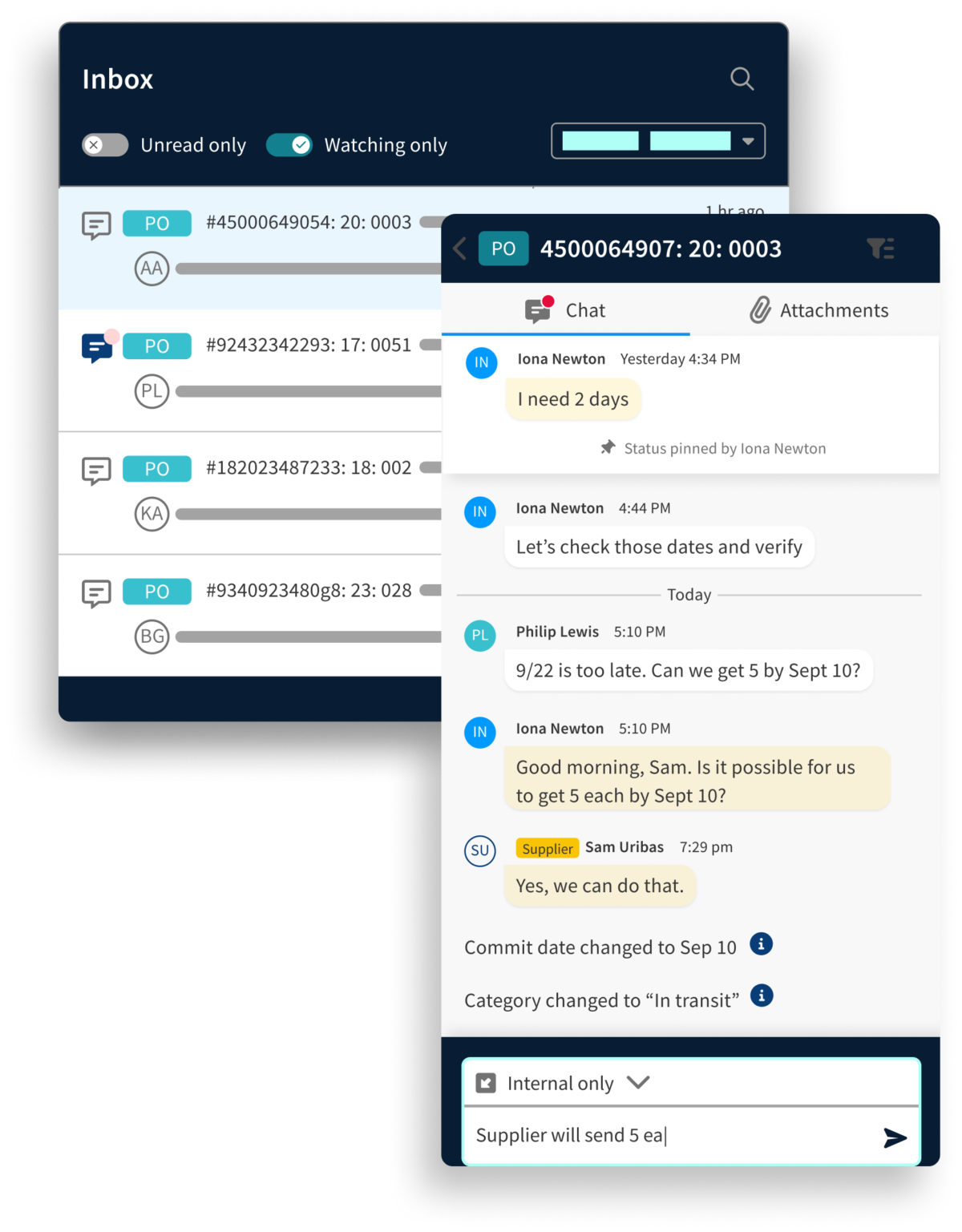 Supply chain management software interface showing chat and status updates